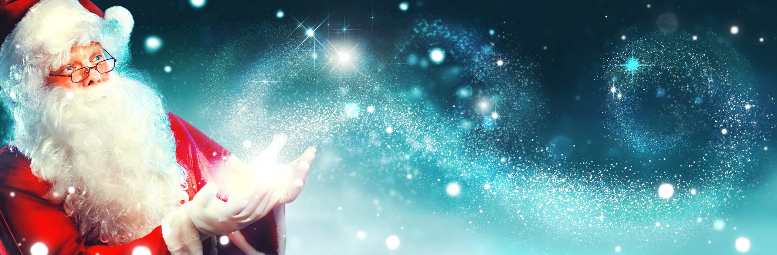 Banner of happy Santa Claus with magic light in his hands