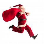 Santa running and carrying a large red sack.