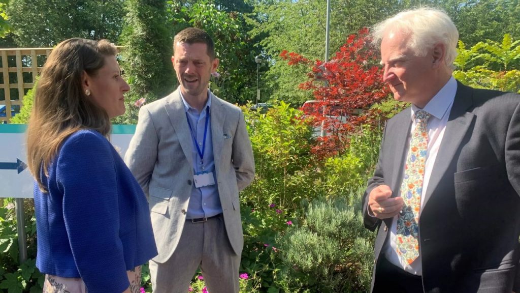 Stafford MP Theo Clarke with Director of Care, David Fletcher, and Chief Executive, Richard Soulsby.