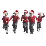 Children dressed in school uniforms and Santa hats running at the camera.