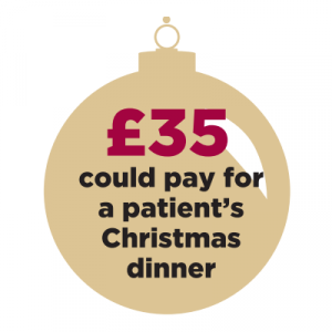 Christmas bauble with message that reads, "£35 could pay for a patient's Christmas dinner."