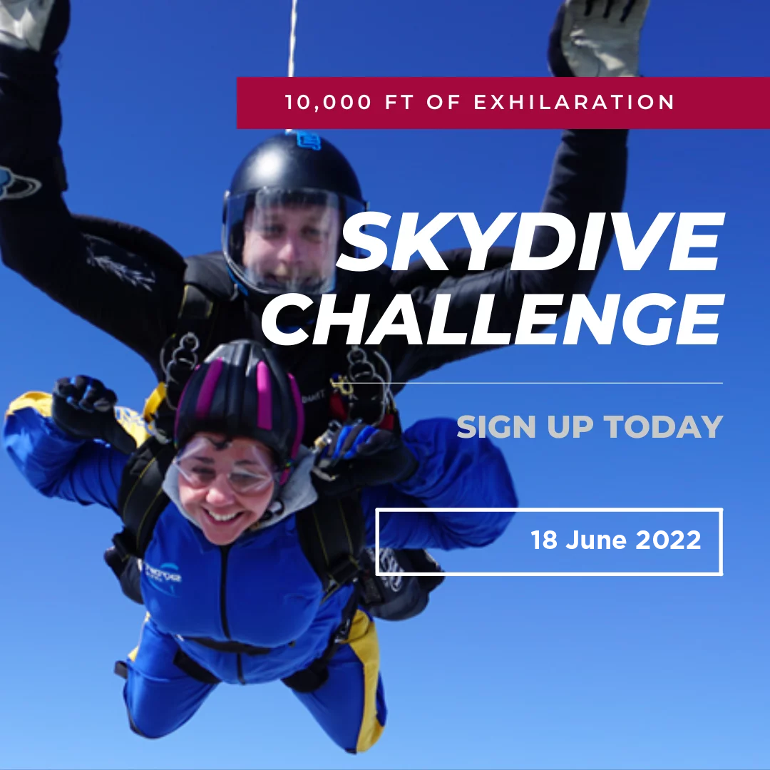 andem skydivers in the air. Text reads: 10,000 ft of exhilaration. Skydive challenge. Sign up today. 18 June 2022.