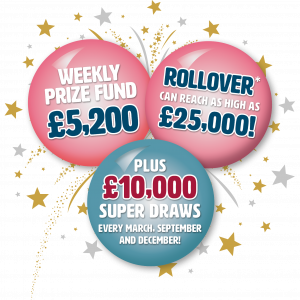 Image reads: Weekly prize fund £5,200. Rollover can reach as high as £25,000! Plus, £10,000 super draws every March, September and December!