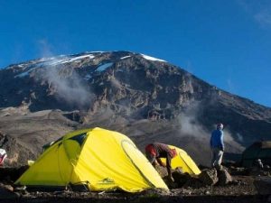 Campsite with a great view of the top of Kilimanjaro.