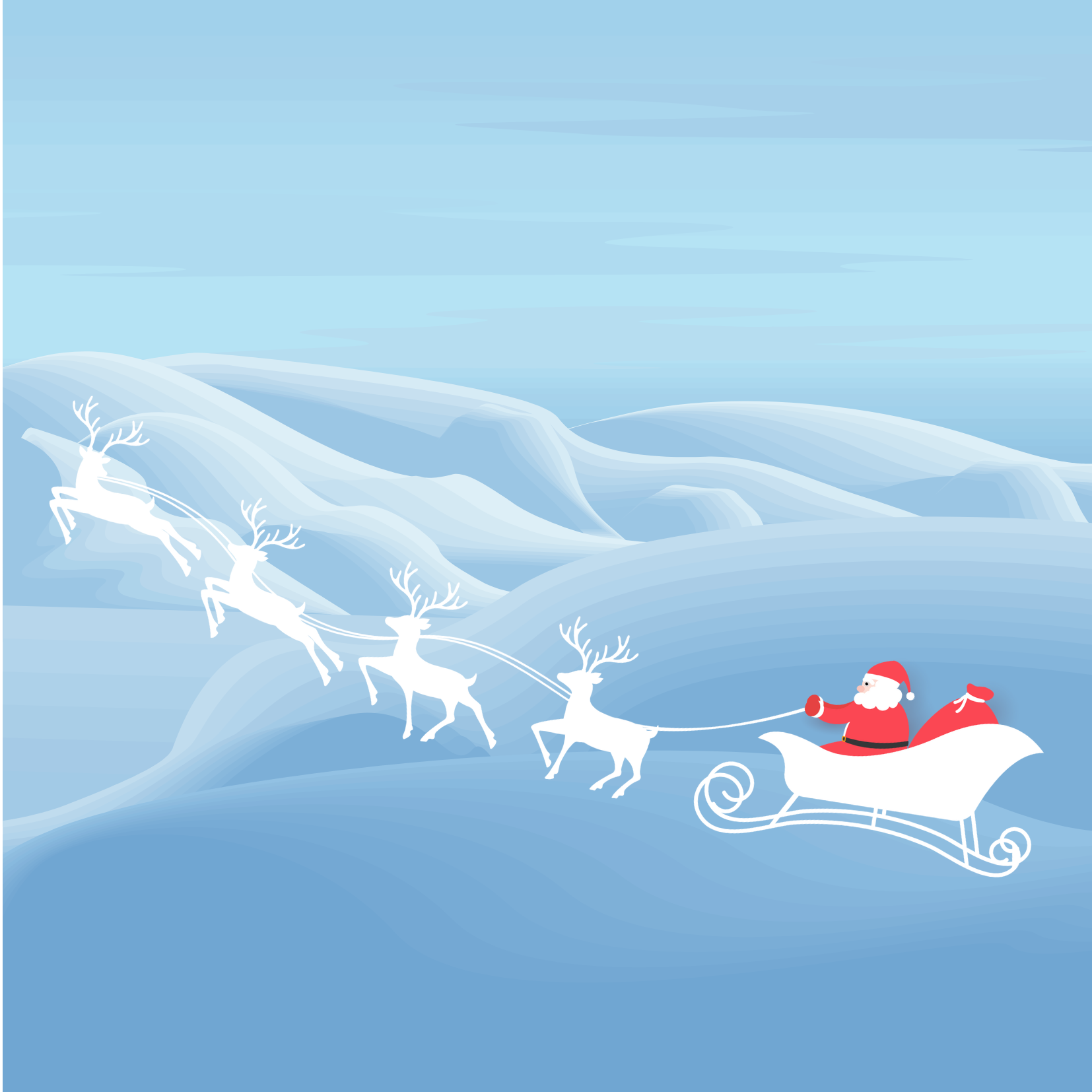Illustration of Santa and his reindeer flying over snowing mountains.