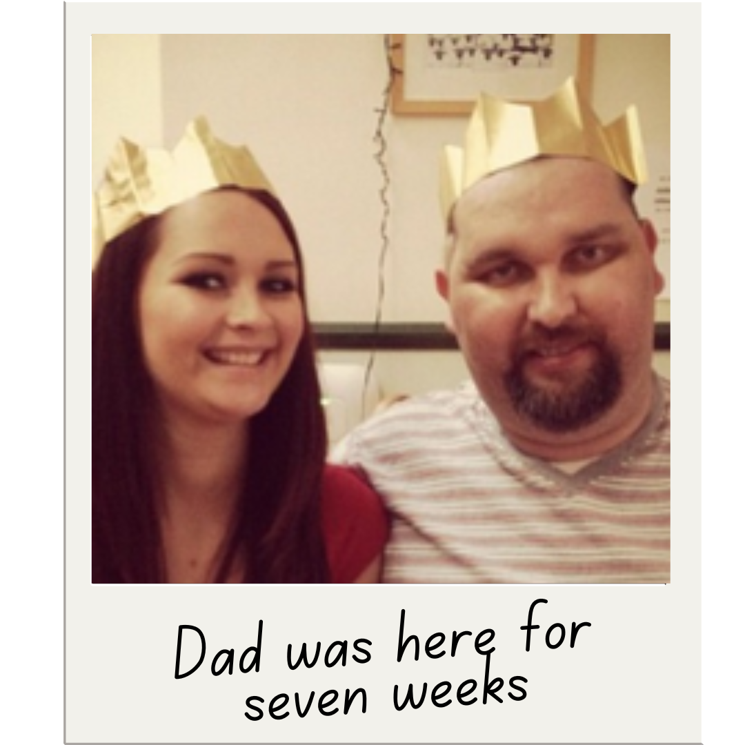 Photo of Holly and her father wearing paper Christmas hats.
