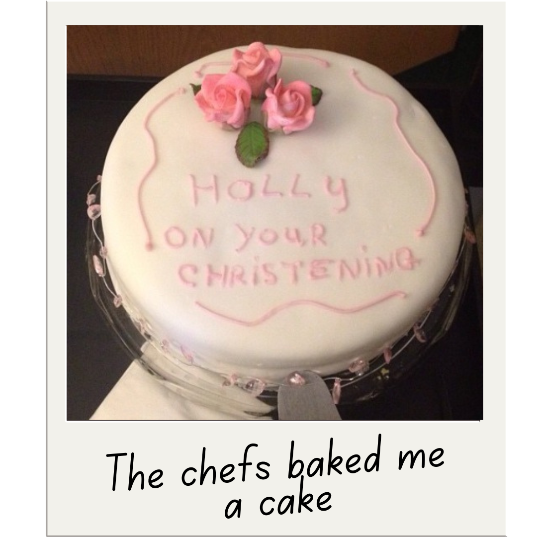 White cake with pink piping that reads: holly on your Christening.