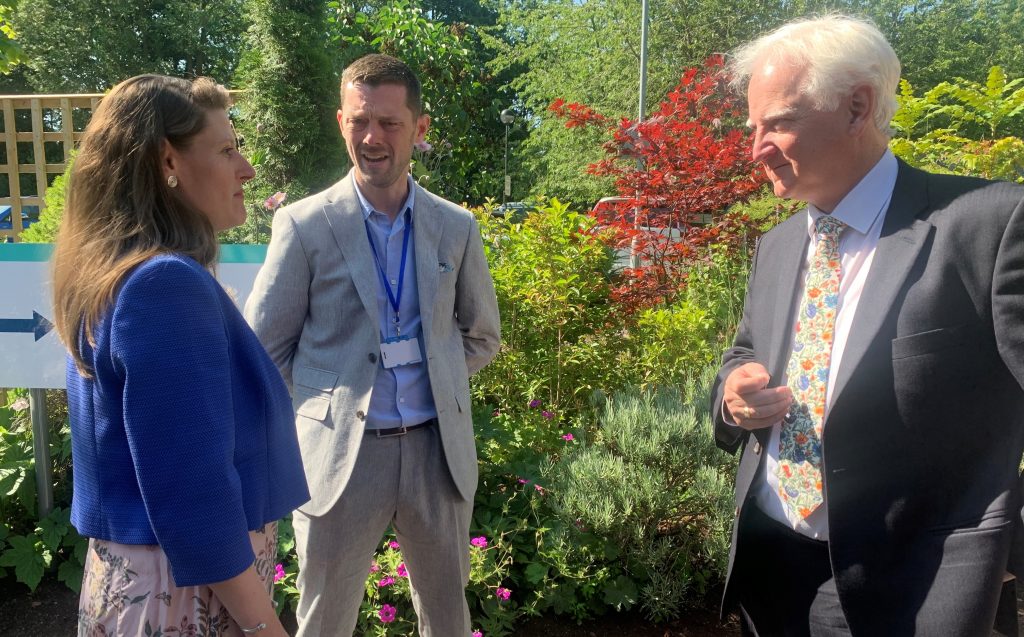 Stafford MP Theo Clarke with Director of Care, David Fletcher, and Chief Executive, Richard Soulsby.