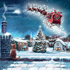 Snowy scene featuring a kitten sitting on a rooftop gazing up at Santa's sleigh and reindeer flying through the sky.