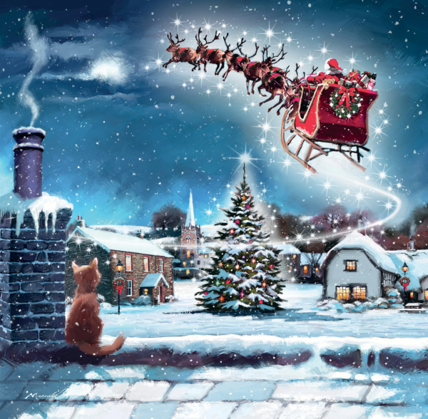 Snowy scene featuring a kitten sitting on a rooftop gazing up at Santa's sleigh and reindeer flying through the sky.