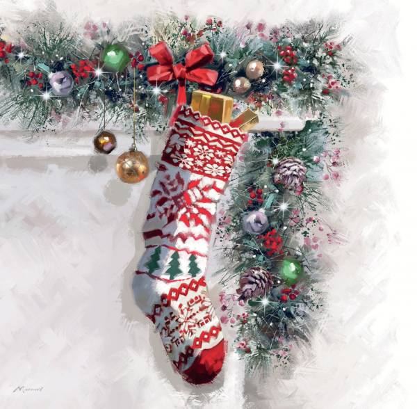 Illustration of a Christmas stocking hanging on a highly decorated mantelpiece.