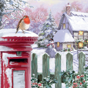 Snowy Christmas scene featuring a robin sitting on a red post box.