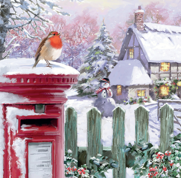 Snowy Christmas scene featuring a robin sitting on a red post box.