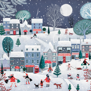 Illustration of a snowy town on a Christmas night, with houses and people going about Christmas activities.