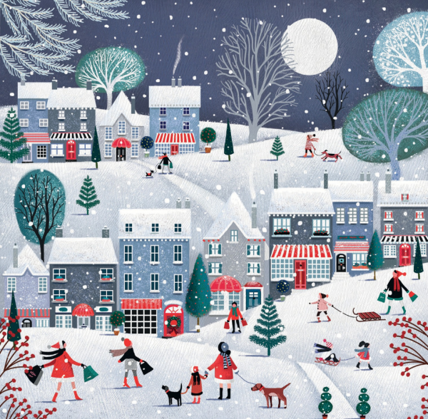 Illustration of a snowy town on a Christmas night, with houses and people going about Christmas activities.
