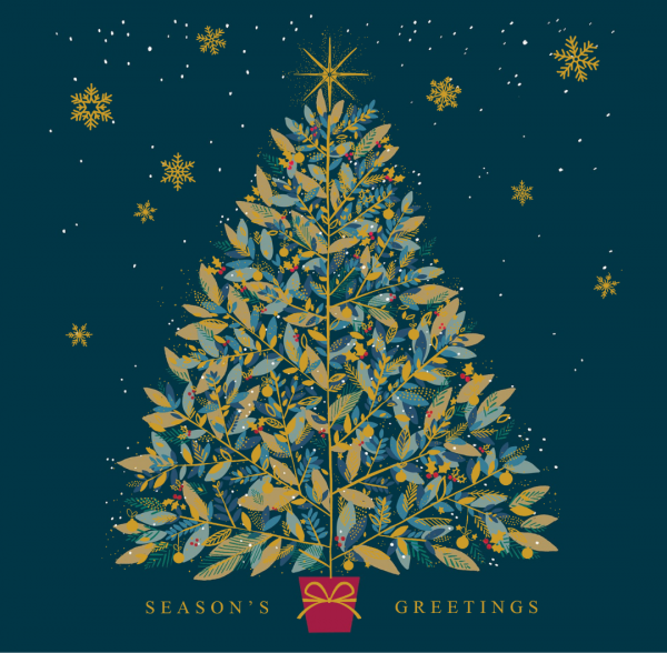 Illustration of a Christmas tree in a pot against a dark blue background with gold snow flakes.