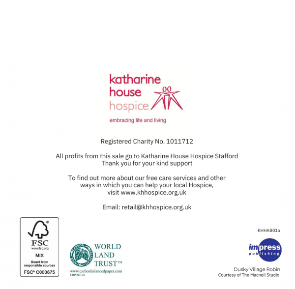 Back of the 2023 Katharine House Hospice Christmas cards containing charity information, the FSC mark, World Land Trust logo and Impress Publishing logo.