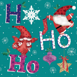 Two Christmas gonks surrounded by the words "Ho Ho Ho", snow flakes and Christmas decorations.