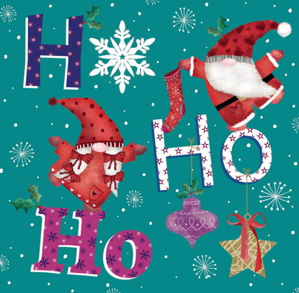 Two Christmas gonks surrounded by the words "Ho Ho Ho", snow flakes and Christmas decorations.