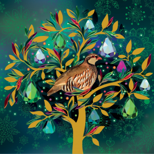 Illustration of partridge in a pear tree surround by jewels.