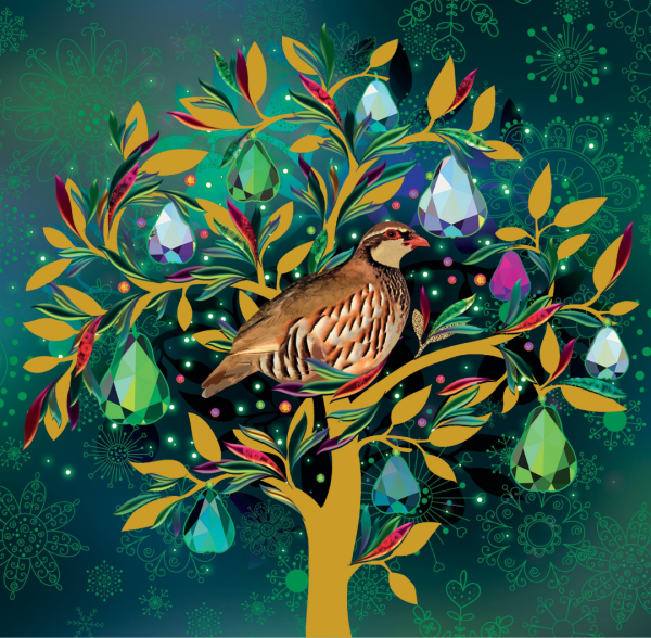 Illustration of partridge in a pear tree surround by jewels.