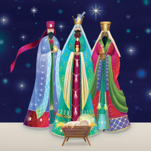 Illustration of the three kings standing before baby Jesus.