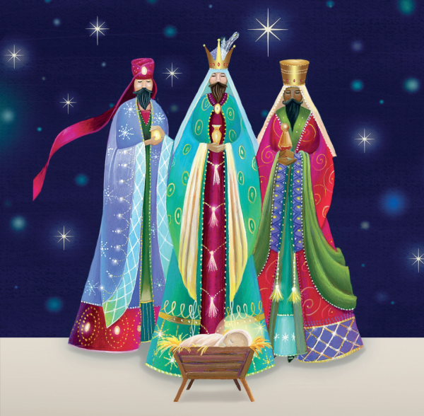 Illustration of the three kings standing before baby Jesus.