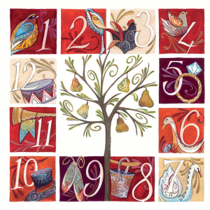 Card design featuring pear tree in the centre surrounded by numbers and illustrations depicting the twelve days of Christmas.