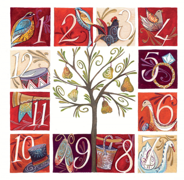 Card design featuring pear tree in the centre surrounded by numbers and illustrations depicting the twelve days of Christmas.