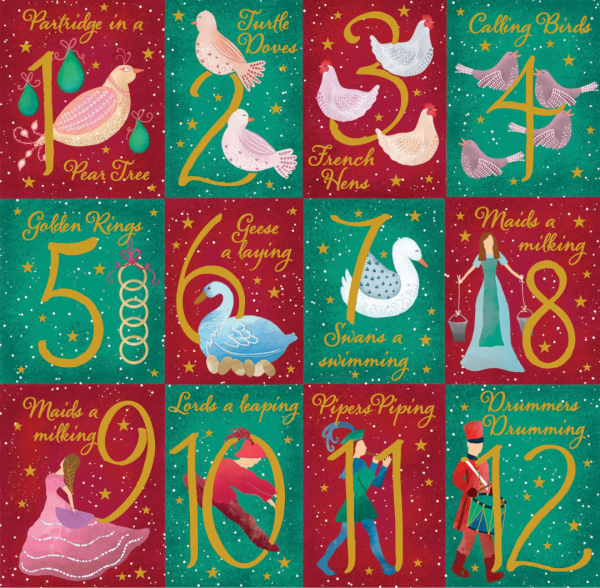 Numbers with illustrations depicting the twelve days of Christmas.