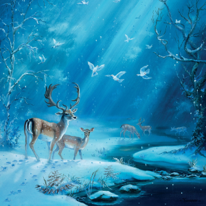 Beautiful snow scene in in a woodland glade, with light streaming through the trees, deer in the foreground and birds in the sky.