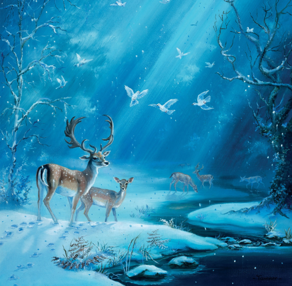 Beautiful snow scene in in a woodland glade, with light streaming through the trees, deer in the foreground and birds in the sky.