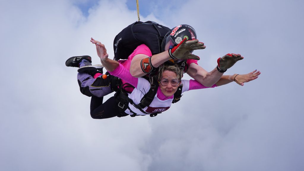 Amanda free falling in a tandem skydive