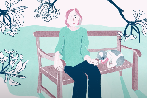 Illustration of a smiling lady sitting on a bench next to her little dog.