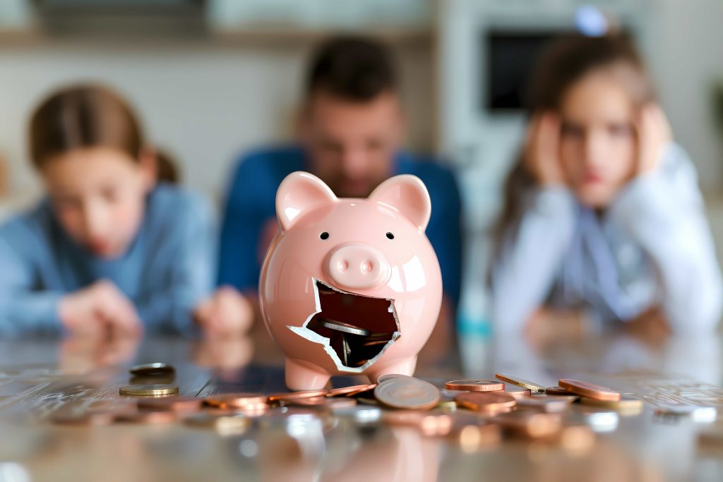 Money worries a pink piggie bank has been smashed and coins are leaking out of the hole. Tree worried looking people are sat behind the piggy bank out of focus