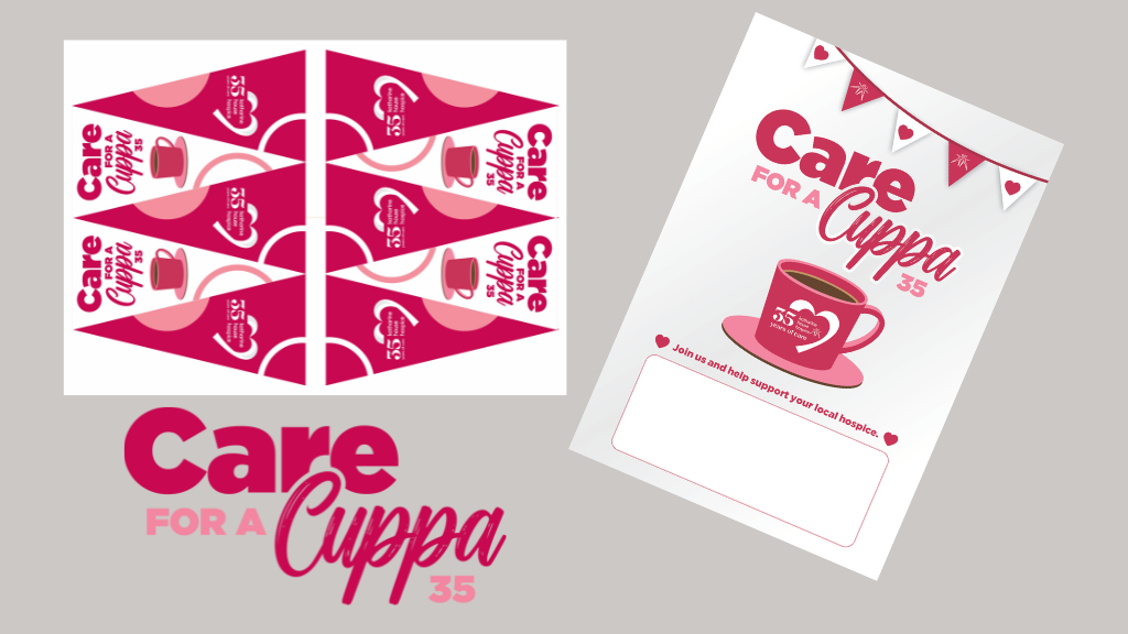 Untitled design (45) Examples of the contents of the Care for a Cuppa fundraising pack. Shows a page of printable bunting and a poster.