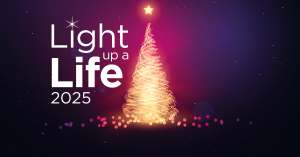 A golden stylised Christmas tree with swirly lights and a star on top on a dark purple background