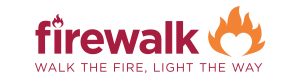 Logo reading 'firewalk' with a small flame above the 'i' and a heart-shaped flame next to the word. Below, the slogan 'Walk the fire, light the way.' appears.