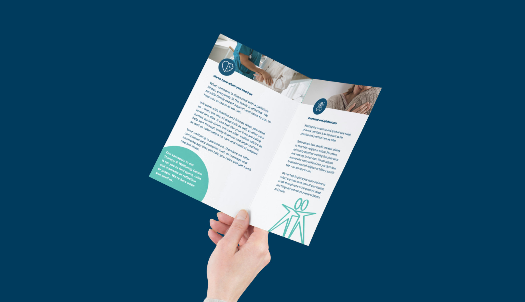 Hand holding an open informational brochure about family and carer support at Katharine House Hospice.