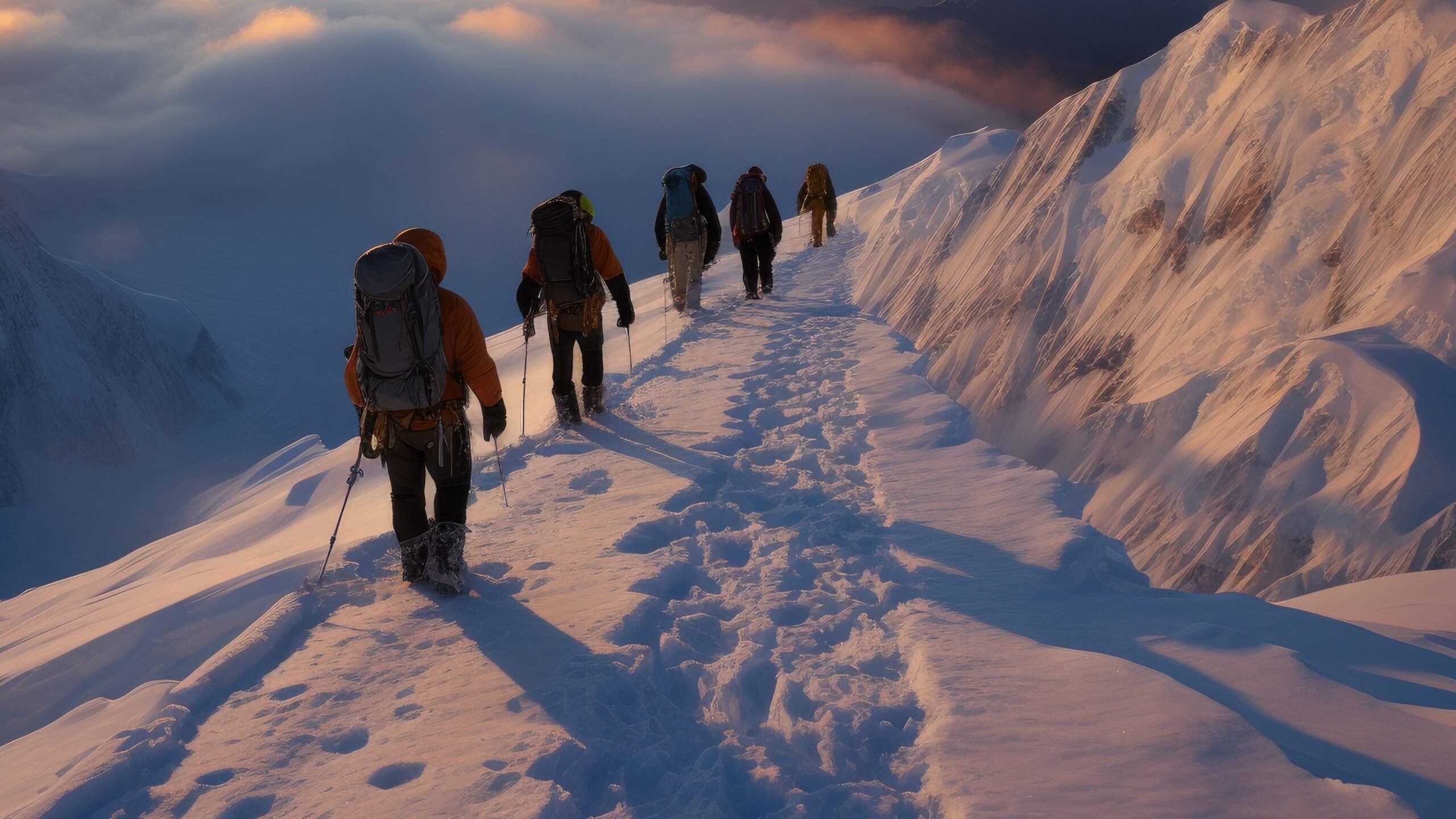 Group of hikers walk along a snow-covered mountain ridge above the clouds.