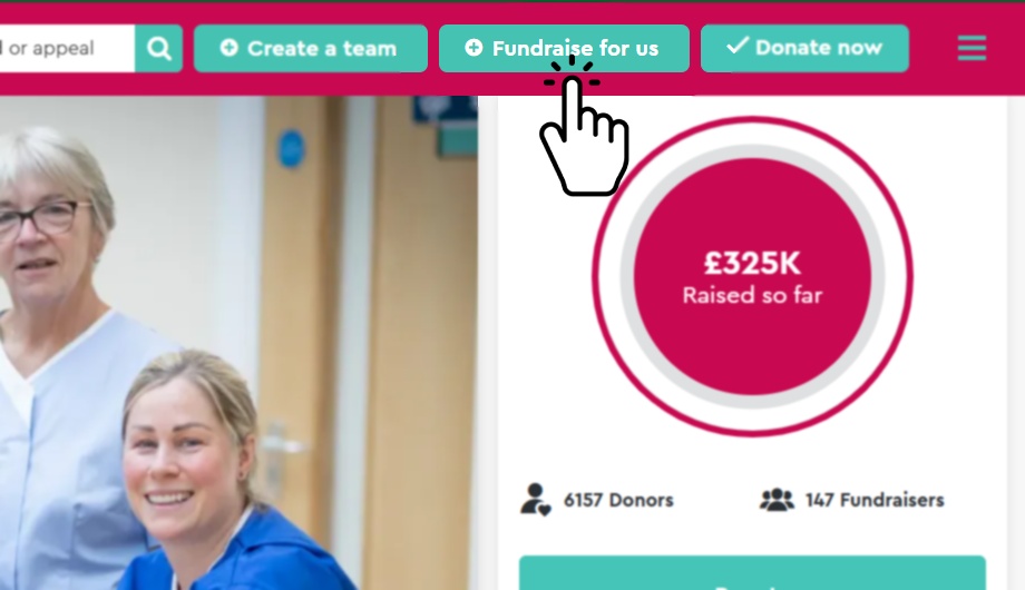 Screen shot of the Katharine House Hospice profile page on Enthuse with the mouse pointer clicking on 'Fundraise for us'.