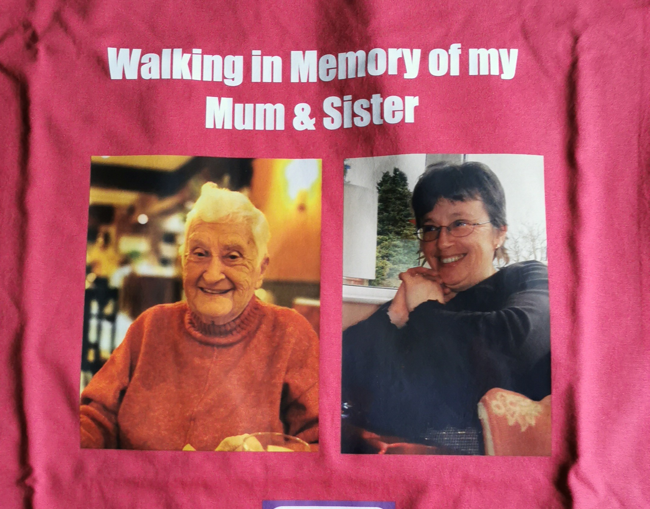 The front of a T-shirt with photos of her mum and sister on the front.